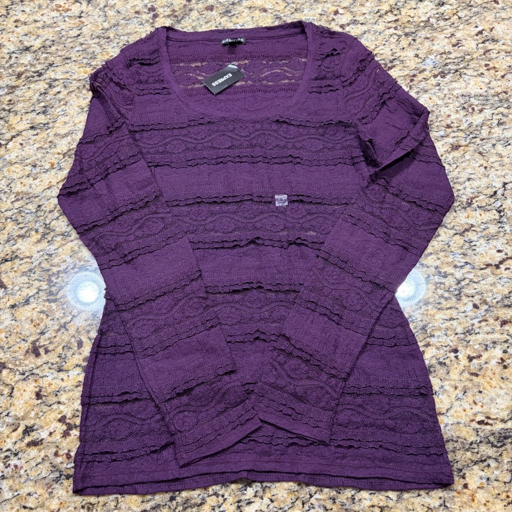 NEW Express Womens Purple Lace Tiered Ruffle Long Sleeve Scoop Neck Top S ws